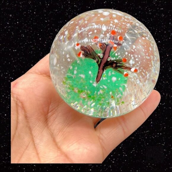 Art Glass Paperweight Cherry Tree w White Dots Round Sphere Vintage Glass 2.5”W - Picture 11 of 12